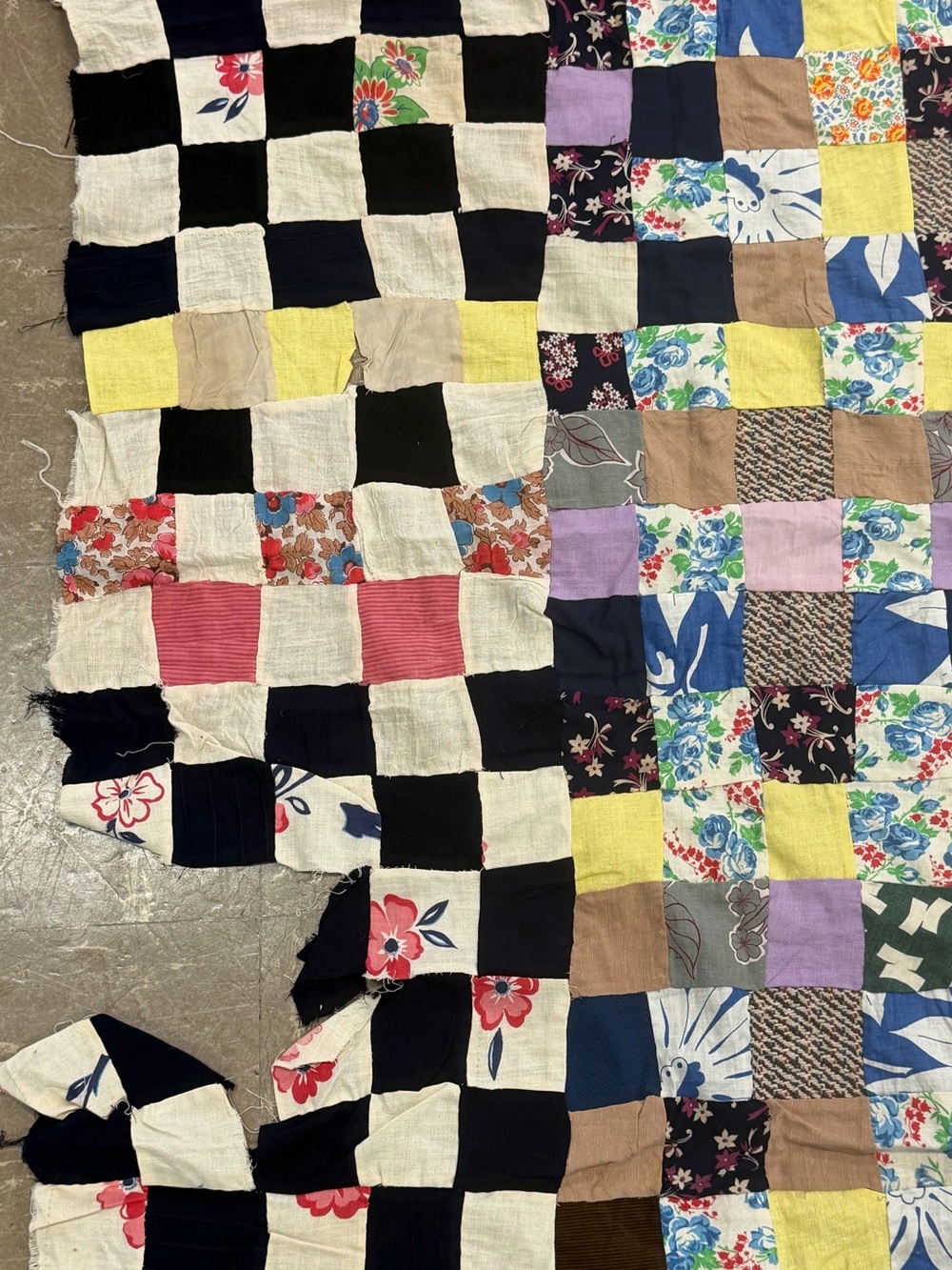 VTG Hand-Stitched Postage Stamp Quilt Topper Feedsack Fabric Scrap Mosaic 58x72" - Picture 4 of 10